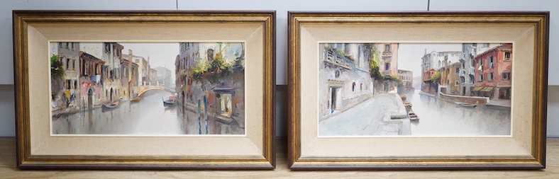 G Toare ?, pair of oils on board, Venetian canals, each indistinctly signed and inscribed verso, 18 x 38cm. Condition - good